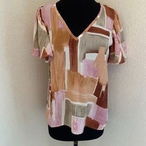 𝅺ENTRO Short Flutter Sleeve Nuetrals And Pinks Blouse Women's Small (1035)